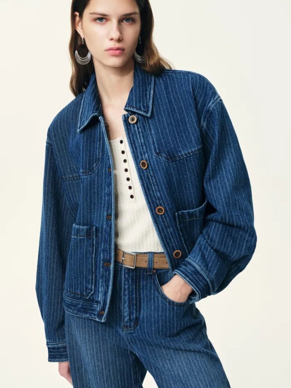 Fabrique Striped Washed Blue Pocket Jacket in Herringbone Denim | Size Small - Picture 2 of 11